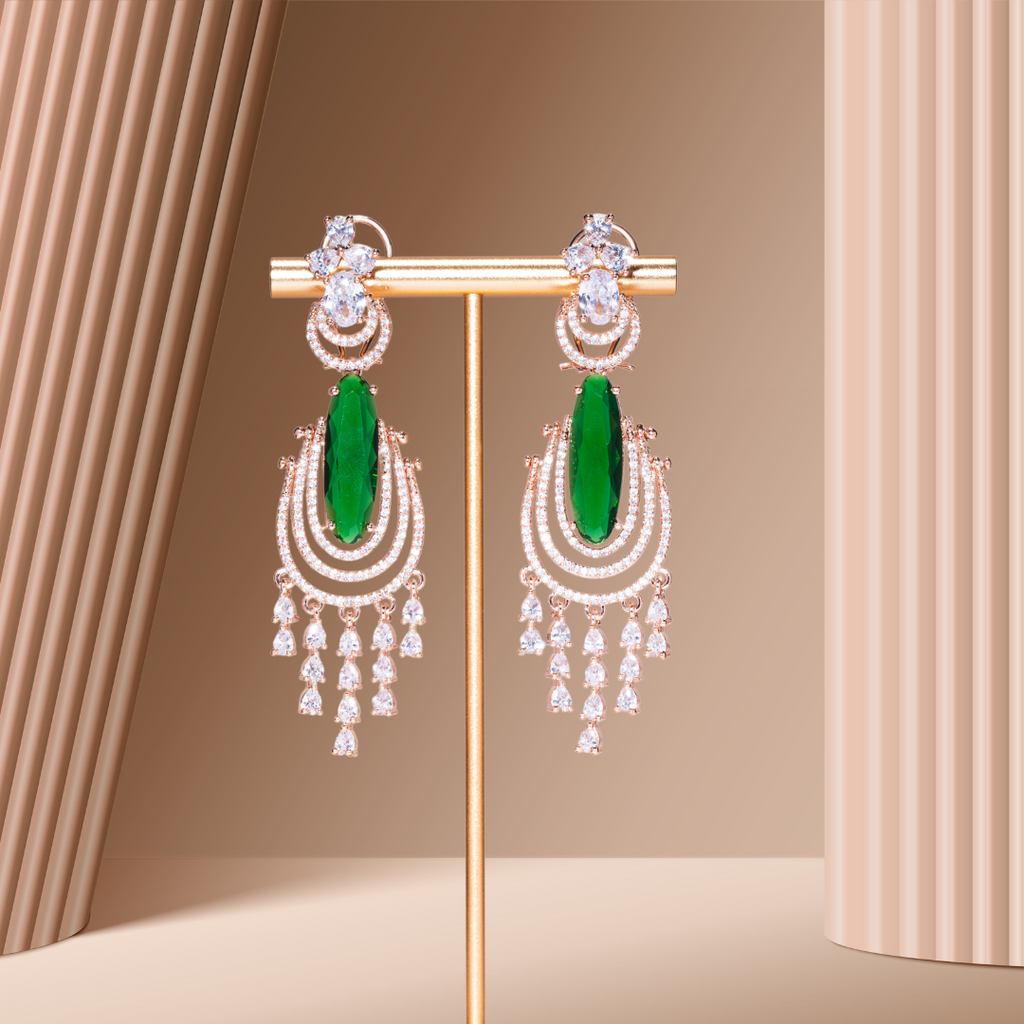 Demi Statement Earrings Emerald Green Rose Gold- Jaipur Rose Modern Luxury Designer Indian Jewelry - Jaipur Rose