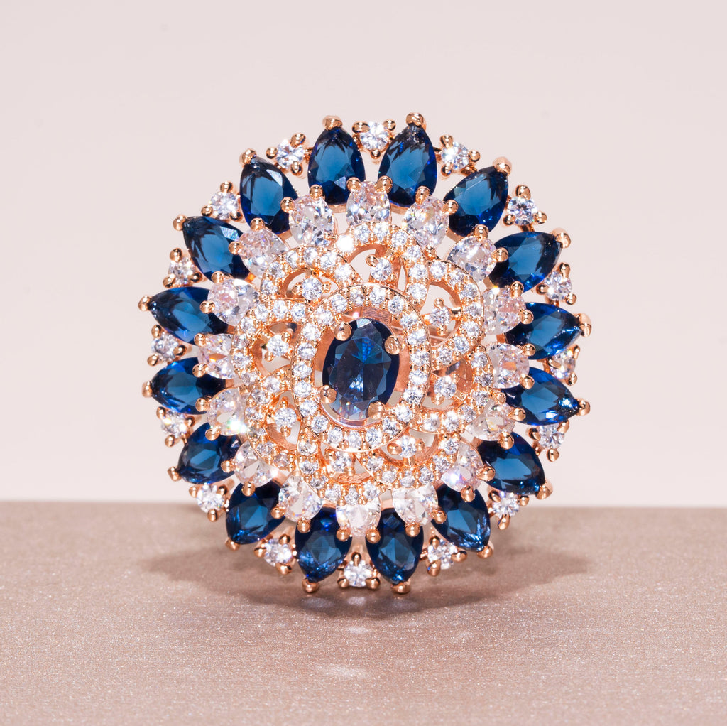Aya Sapphire Blue Rose Gold Indian Jewelry Cocktail Ring by Jaipur Rose - Jaipur Rose