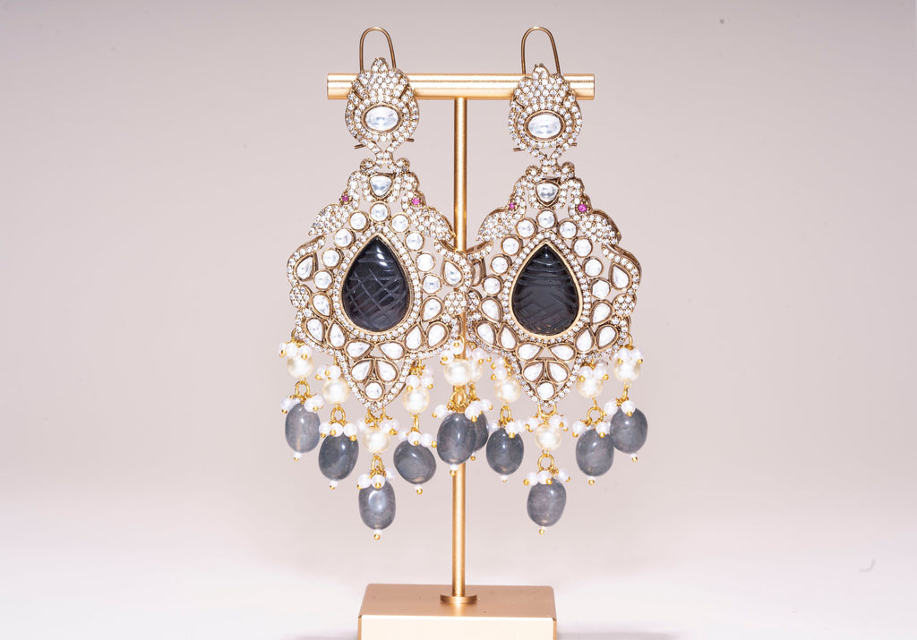 Madhubala Gray Yellow Gold Statement  Moissanite Indian Jewelry Earrings - Jaipur Rose Modern Luxury Designer Indian Jewelry - Jaipur Rose