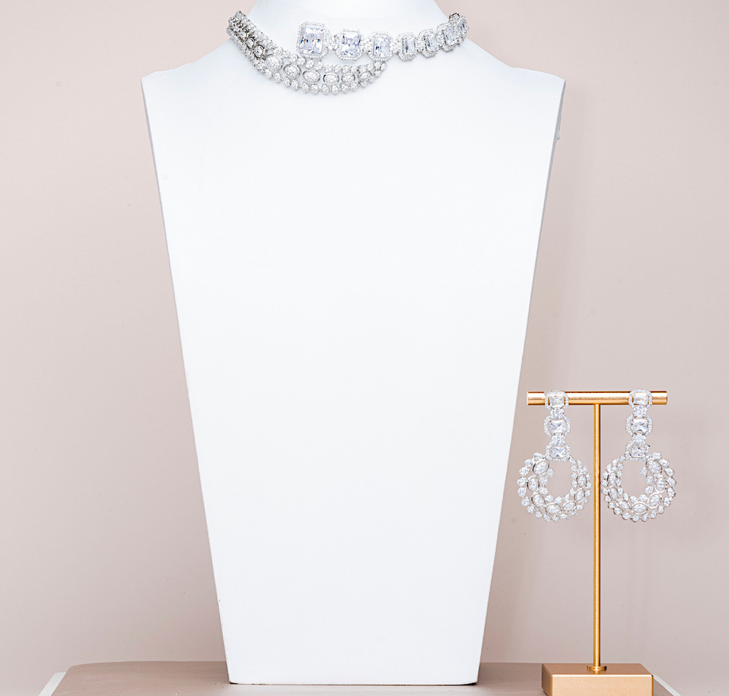 Tijara White Gold Luxury Choker Necklace & Earring Set By Jaipur Rose Luxury Indian Jewelry Onli - Jaipur Rose