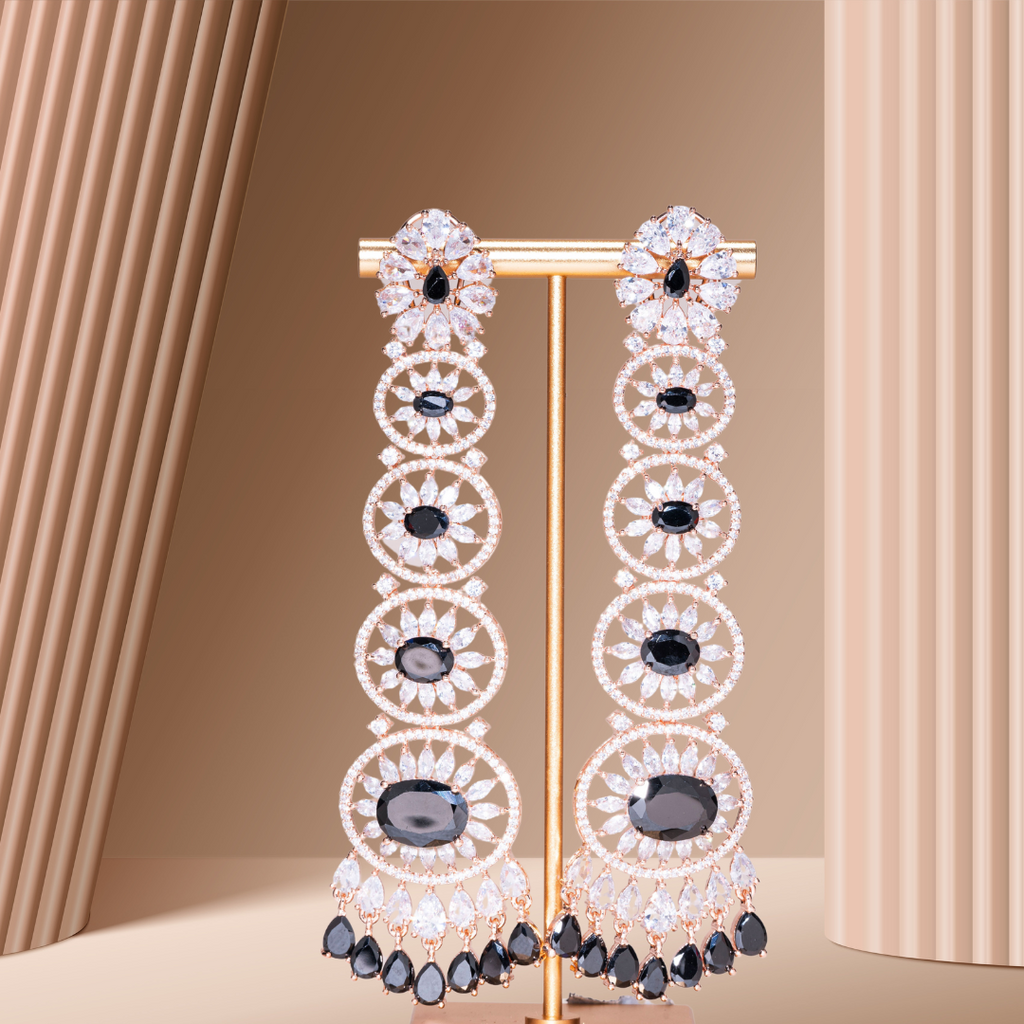 Gigi Black Onyx Long Statement Chandelier Earrings Rose Gold- Jaipur Rose Modern Luxury Designer Indian Jewelry - Jaipur Rose