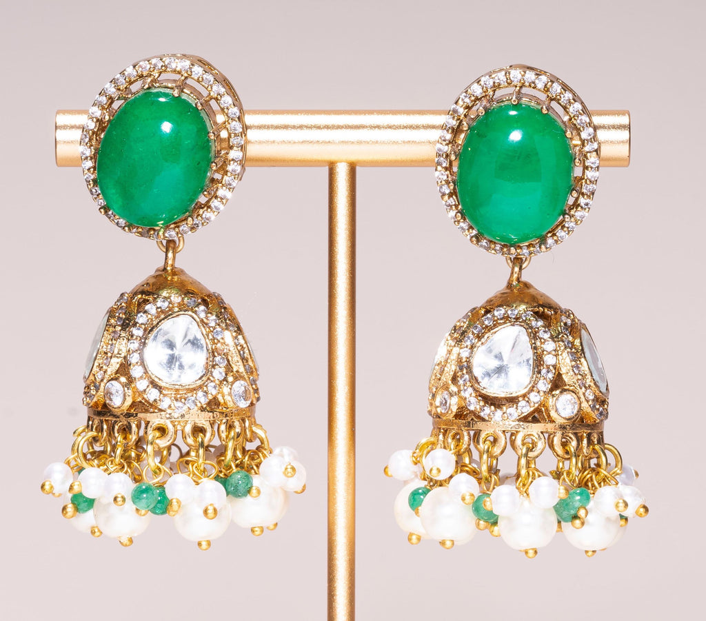 Rani Green Yellow Gold Statement Jhumkas Moissanite Indian Jewelry Earrings - Jaipur Rose Modern Luxury Designer Indian Jewelry - Jaipur Rose