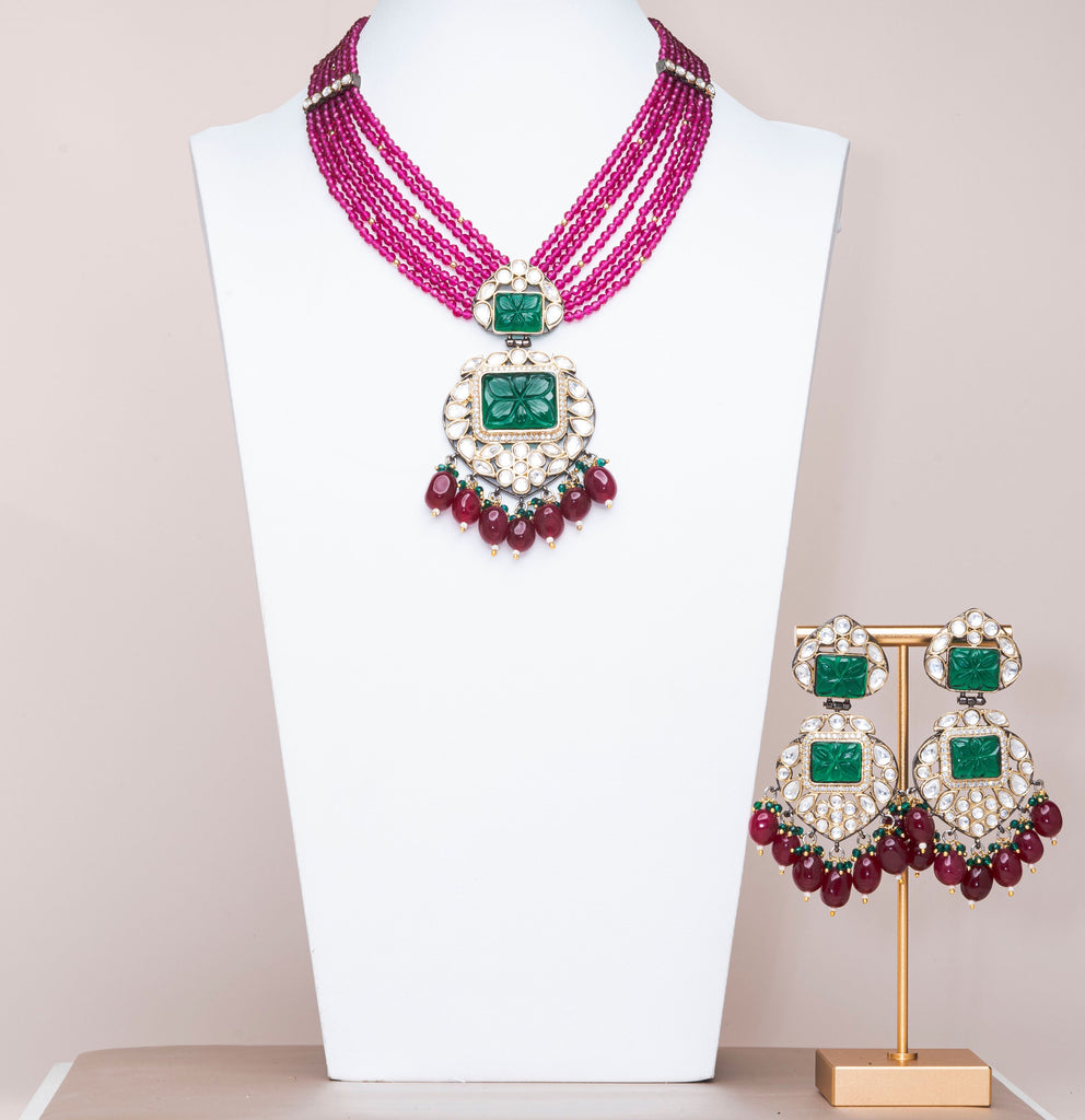 Rania Ruby & Emerlad Luxury Mala & Earring Set By Jaipur Rose Luxury Indian Jewelry Online - Jaipur Rose