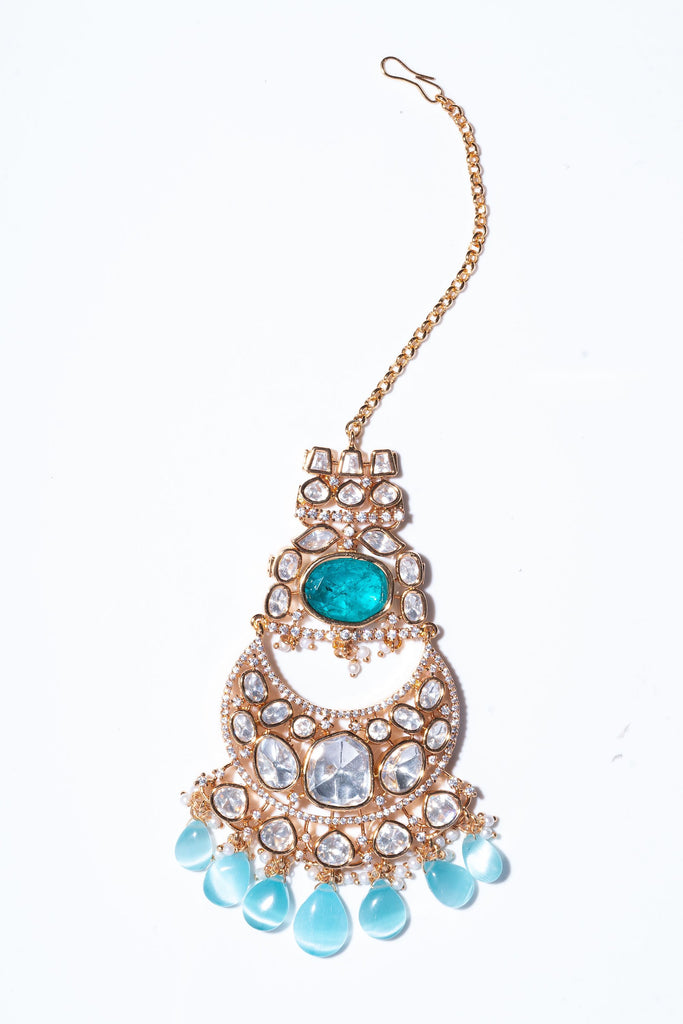 Paresha Teal Kundan Emerald Yellow Gold Designer Kundan Necklace & Earring Set by Jaipur Rose Designer Indian Jewelry - Jaipur Rose
