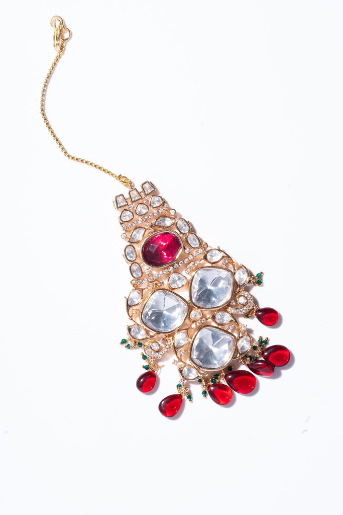 Paresha Red Ruby Kundan Emerald Yellow Gold Designer Kundan Necklace & Earring Set by Jaipur Rose Designer Indian Jewelry - Jaipur Rose