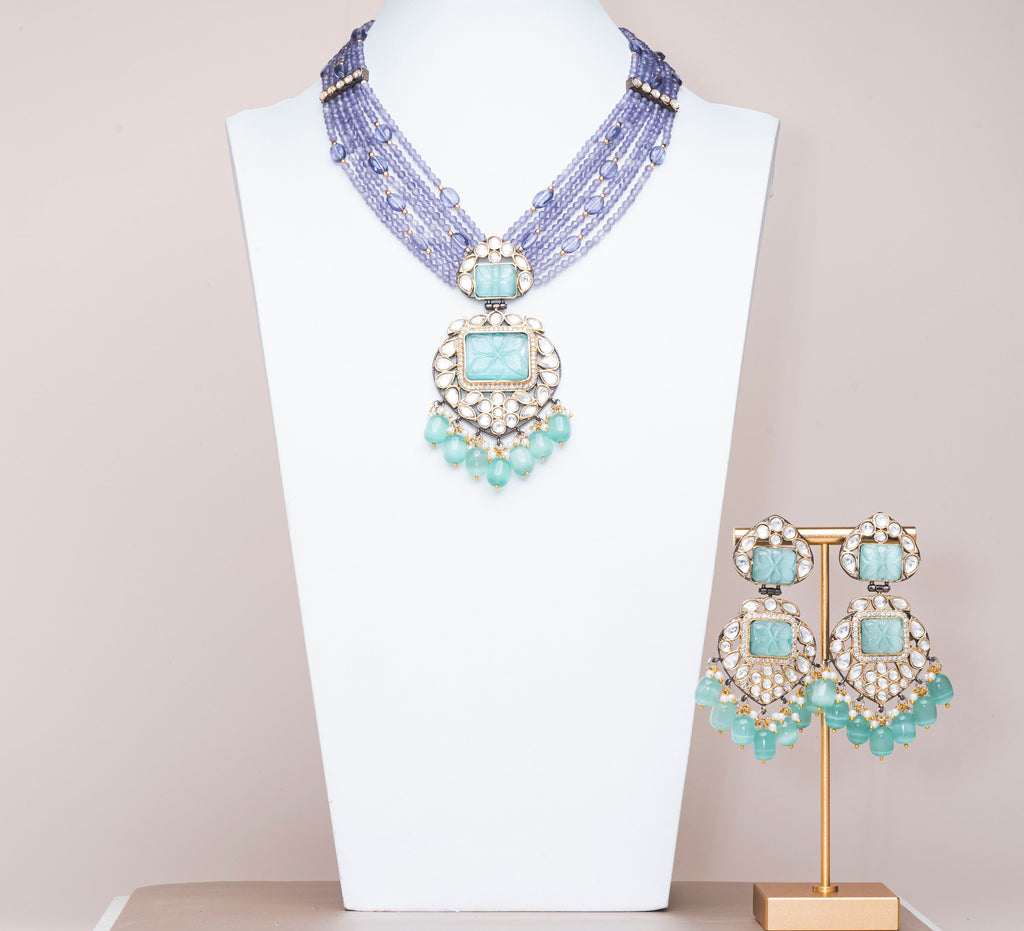 Rania Lavender & Aqua Luxury Mala & Earring Set By Jaipur Rose Luxury Indian Jewelry Online - Jaipur Rose