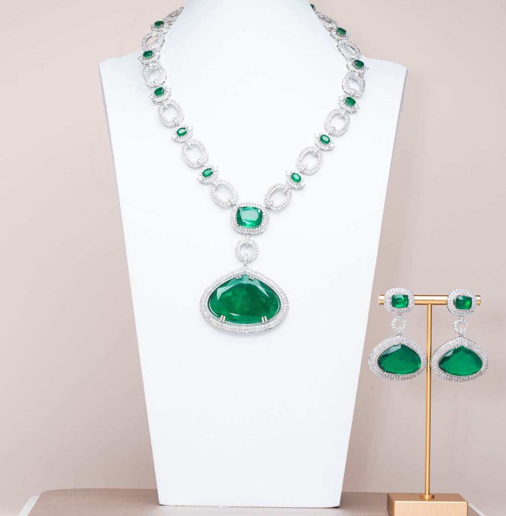 Deoli Luxury Emerald Green Necklace & Earring Set By Jaipur Rose Luxury Indian Jewelry Onli - Jaipur Rose