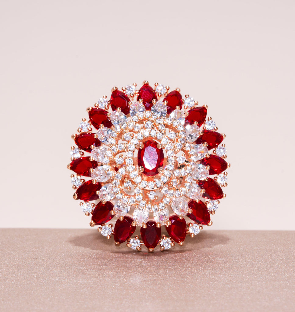 Aya Ruby Red Rose Gold Indian Jewelry Cocktail Ring by Jaipur Rose - Jaipur Rose