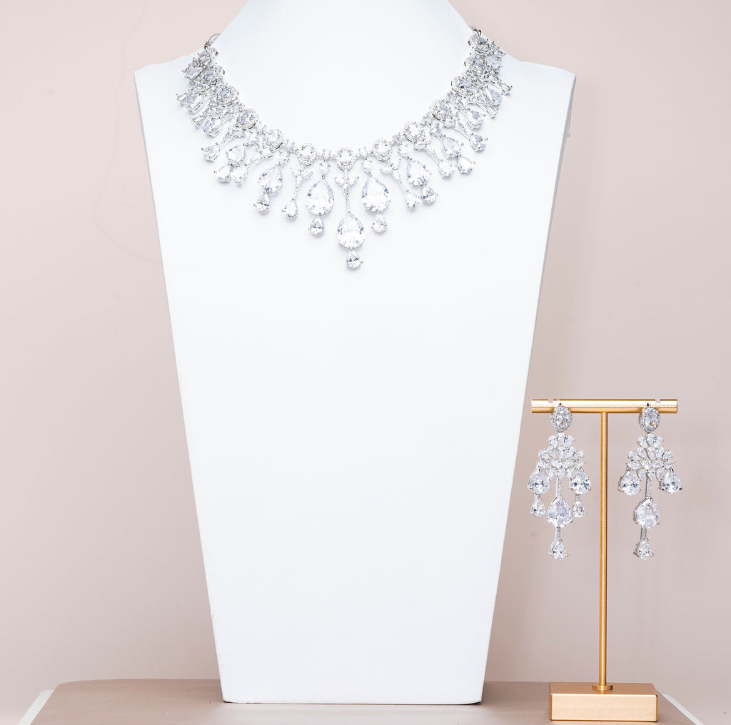 Falna White Gold Luxury Necklace & Earring Set By Jaipur Rose Luxury Indian Jewelry Onli - Jaipur Rose