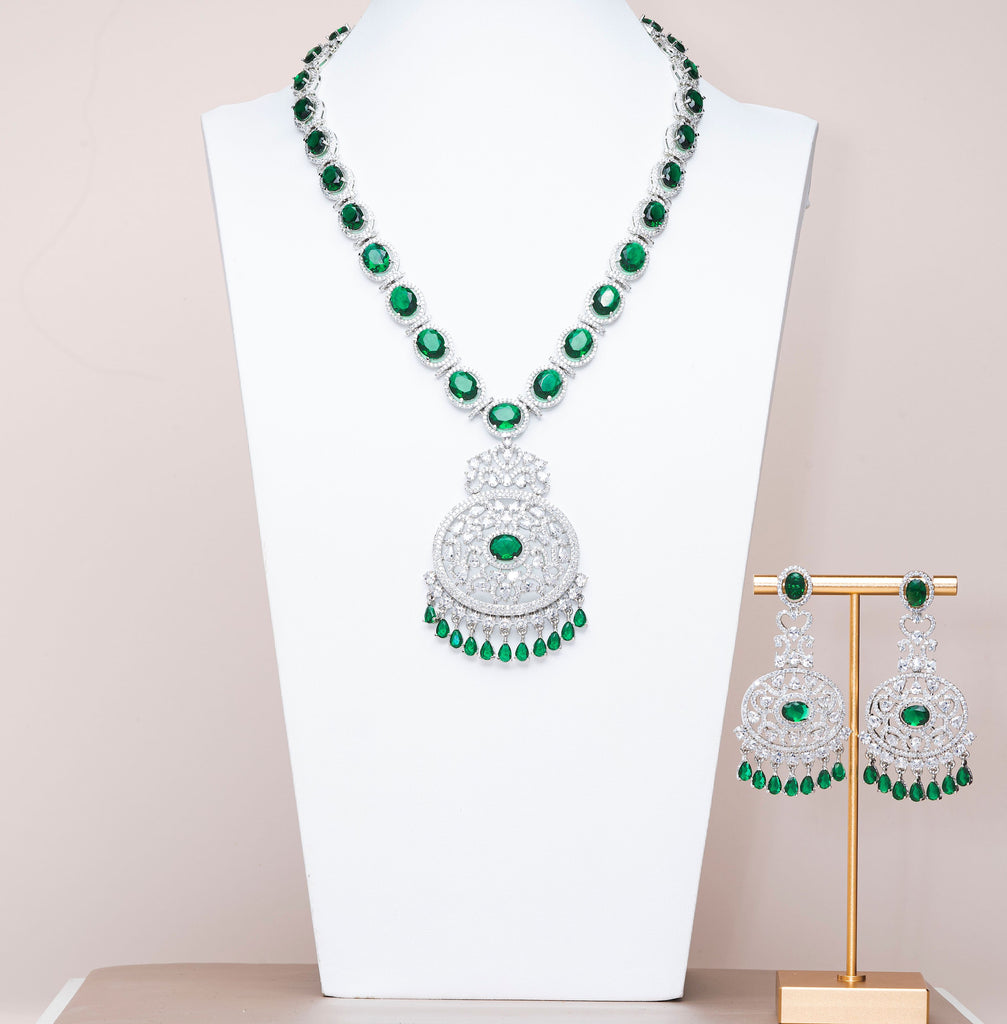 Ria Green & White Gold Luxury Necklace & Earring Set By Jaipur Rose Luxury Indian Jewelry Online - Jaipur Rose