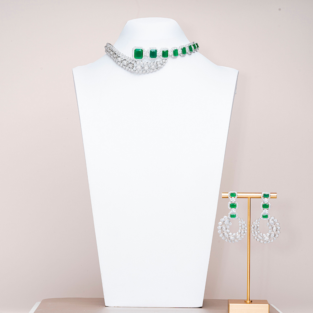 Tijara Emerald Green & White Gold Luxury Choker Necklace & Earring Set By Jaipur Rose Luxury Indian Jewelry Onli - Jaipur Rose