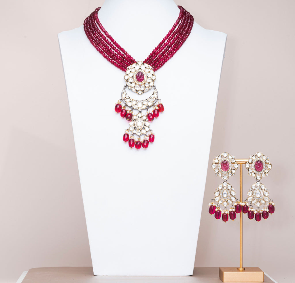 Inas Ruby Luxury Mala & Earring Set By Jaipur Rose Luxury Indian Jewelry Online - Jaipur Rose