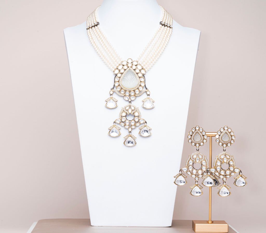 Hadia White Luxury Mala & Earring Set By Jaipur Rose Luxury Indian Jewelry Online - Jaipur Rose
