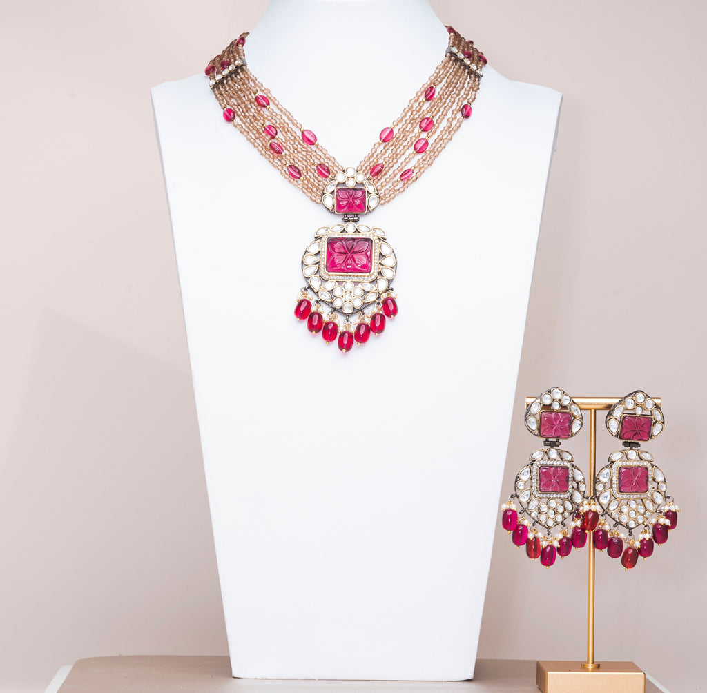 Rania Ruby & Beige Luxury Mala & Earring Set By Jaipur Rose Luxury Indian Jewelry Online - Jaipur Rose