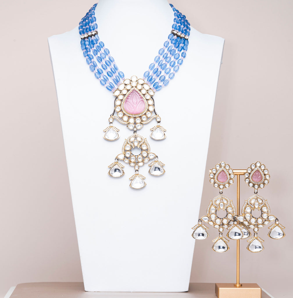 Hadia Pink & Blue Luxury Mala & Earring Set By Jaipur Rose Luxury Indian Jewelry Online - Jaipur Rose