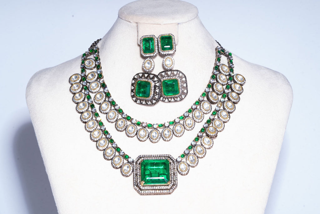 Ezna Statement Modern Emerald Doublet Necklace & Earring Set By Jaipur Rose Luxury Indian Jewelry Online - Jaipur Rose