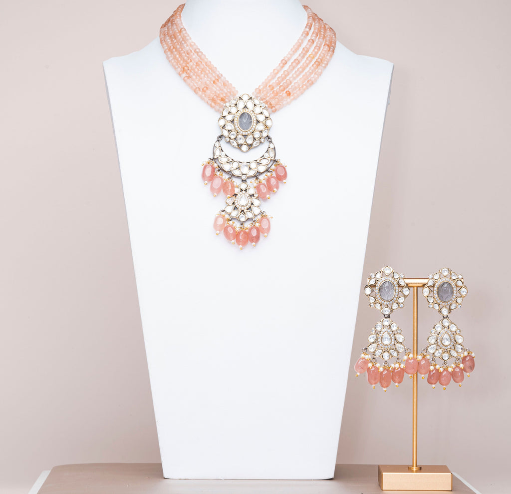Inas Orange & Gray  Luxury Mala & Earring Set By Jaipur Rose Luxury Indian Jewelry Online - Jaipur Rose