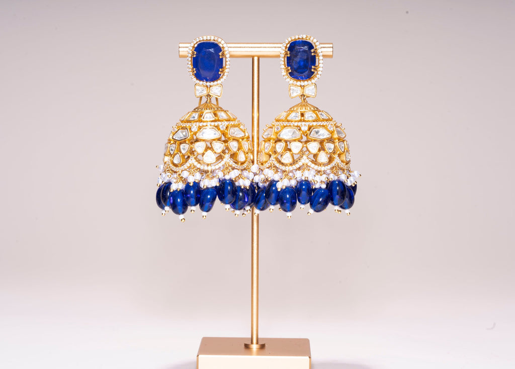 Juhi Sapphire Blue Yellow Gold Statement Jhumkas Moissanite Indian Jewelry Earrings - Jaipur Rose Modern Luxury Designer Indian Jewelry - Jaipur Rose