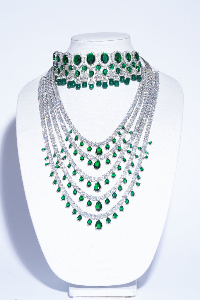 Shivanne Emerald Green White Gold Designer Necklace & Earring Set by Jaipur Rose Designer Indian Jewelry - Jaipur Rose