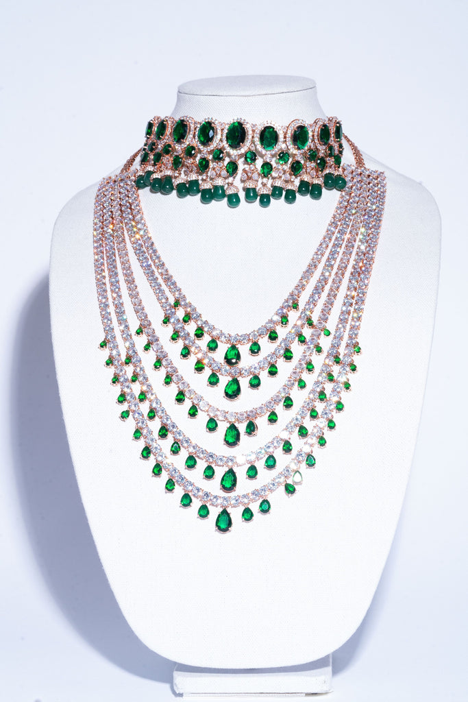 Shivanne Emerald Green Rose Gold Designer Necklace & Earring Set by Jaipur Rose Designer Indian Jewelry - Jaipur Rose