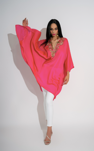 Aiza Maharani Magenta Pink Luxury Silk Kaftan Handcrafted with Crystal and Sequin Detailing by Jaipur Rose - Jaipur Rose