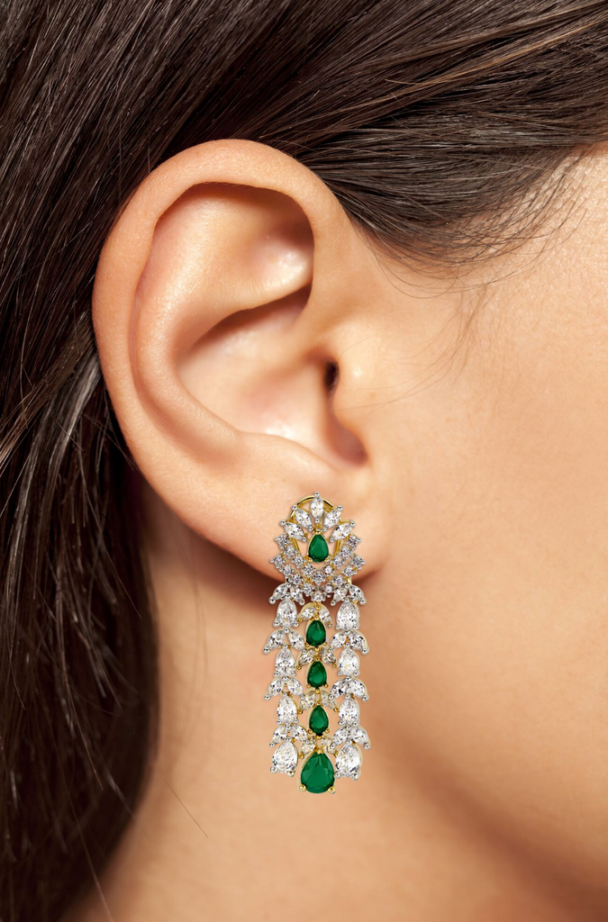 Ava Emerald Green Waterfall Drop Statement Earrings Jaipur Rose Gold Plated Indian Jewelry - Jaipur Rose