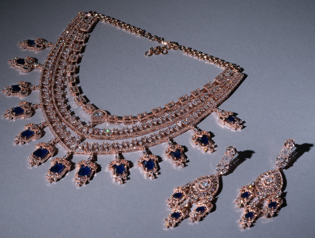 Grace Sapphire Blue Chandelier Statement Necklace Set Designer Rose Gold Plated Fashion Jewelry by Jaipur Rose Indian Jewelry Online - Jaipur Rose