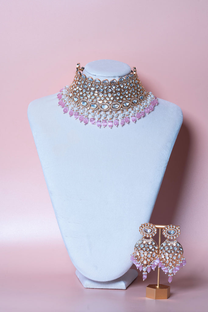 Mila Pink Rose Gold Kundan Necklace & Earring Set By Jaipur Rose Luxury Indian Jewelry Online - Jaipur Rose