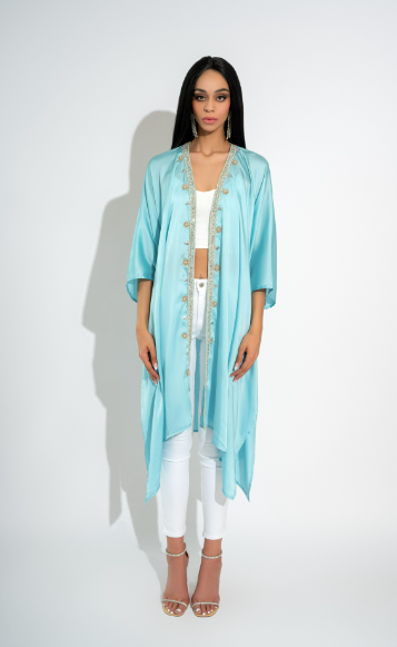 Rhea Rajasthan Turquoise Blue Luxury Silk Open Jacket Kaftan Handcrafted with Crystal and Sequin Detailing by Jaipur Rose - Jaipur Rose