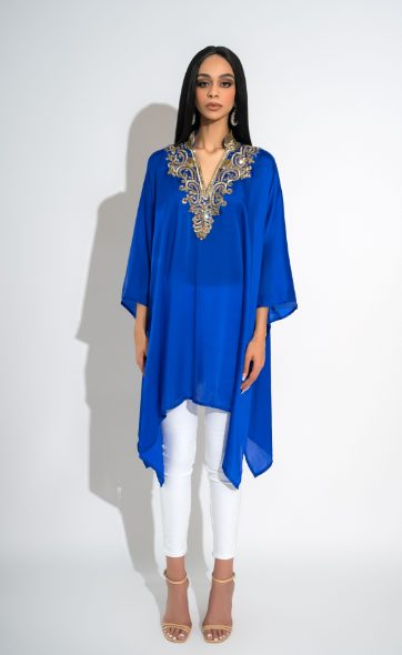 Aiza Royal Navy Blue Luxury Silk Kaftan Handcrafted with Crystal and Sequin Detailing by Jaipur Rose - Jaipur Rose