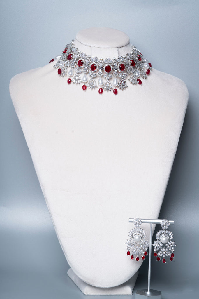 Aarani Pearl & Crystal Ruby Red White Gold Luxury Necklace & Earring Set By Jaipur Rose Luxury Indian Jewelry Online - Jaipur Rose