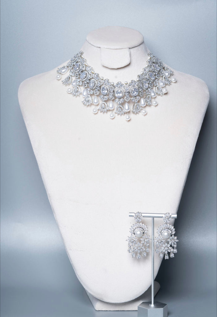 Aarani Pearl & Crystal White Gold Luxury Necklace & Earring Set By Jaipur Rose Luxury Indian Jewelry Online - Jaipur Rose