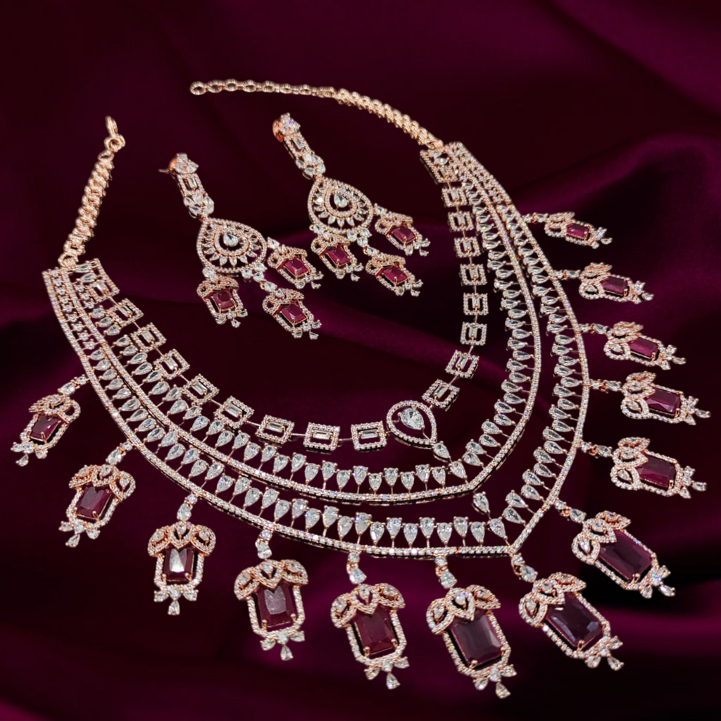 Grace Chandelier Statement Necklace Set Designer Rose Gold Ruby Plated Fashion Jewelry by Jaipur Rose Indian Jewelry Online - Jaipur Rose