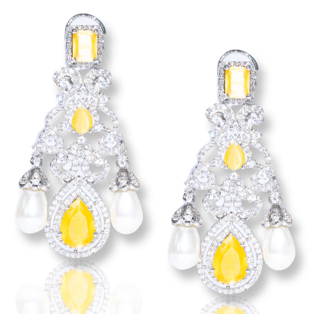Lola Yellow White Gold Pearl & Crystal Jaipur Rose Gold Plated Luxury Designer Indian Jewelry - Jaipur Rose