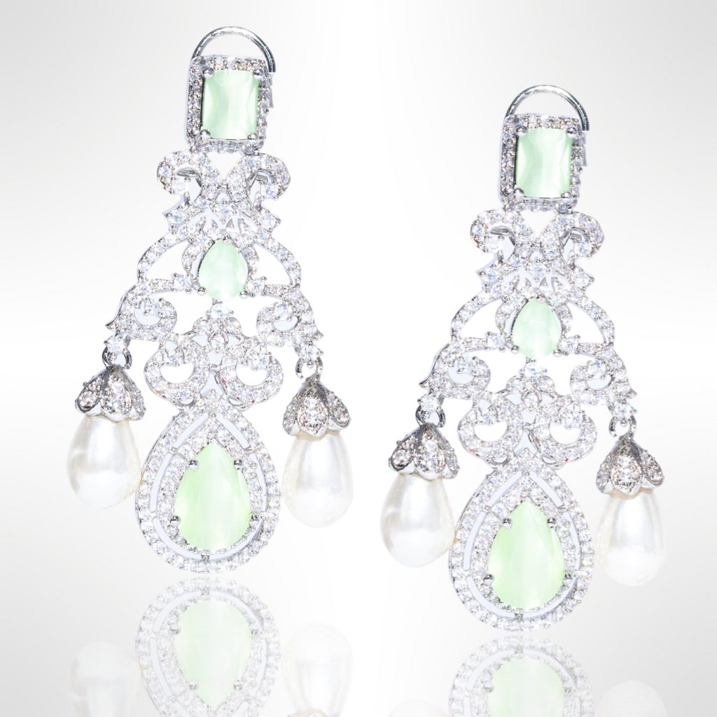 Lola Lime White Gold Pearl & Crystal Jaipur Rose Gold Plated Luxury Designer Indian Jewelry - Jaipur Rose