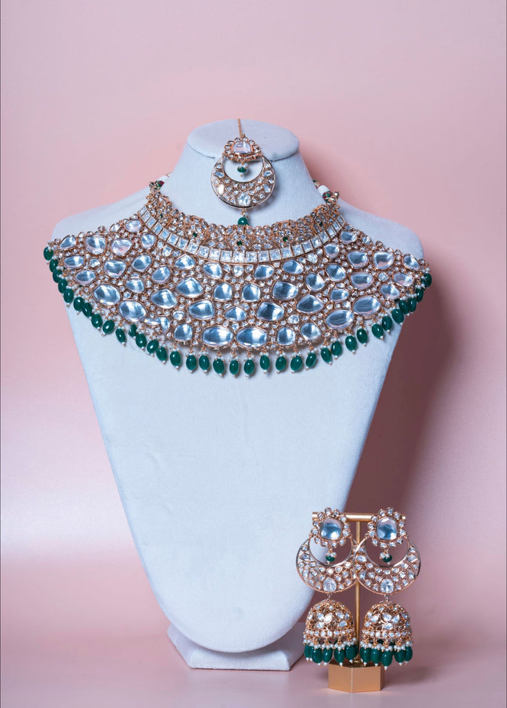 Sai Emerald Kundan Rose Gold Necklace, Earring & Tikka Set By Jaipur Rose Luxury Indian Jewelry Online - Jaipur Rose