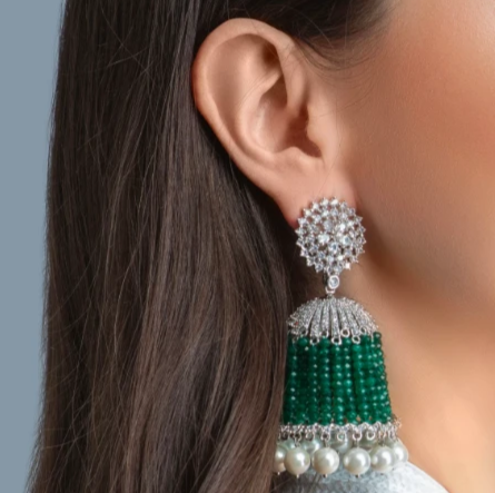 Part of our runway series, our Bipasha earrings are perfect for fashionistas who love to make a statement. An umbrella of emerald beads and crystal accents create anJaipur RoseJaipur RoseEarringsBipasha Luxury Runway Jhumka Earrings by Jaipur Rose Luxury Designer J