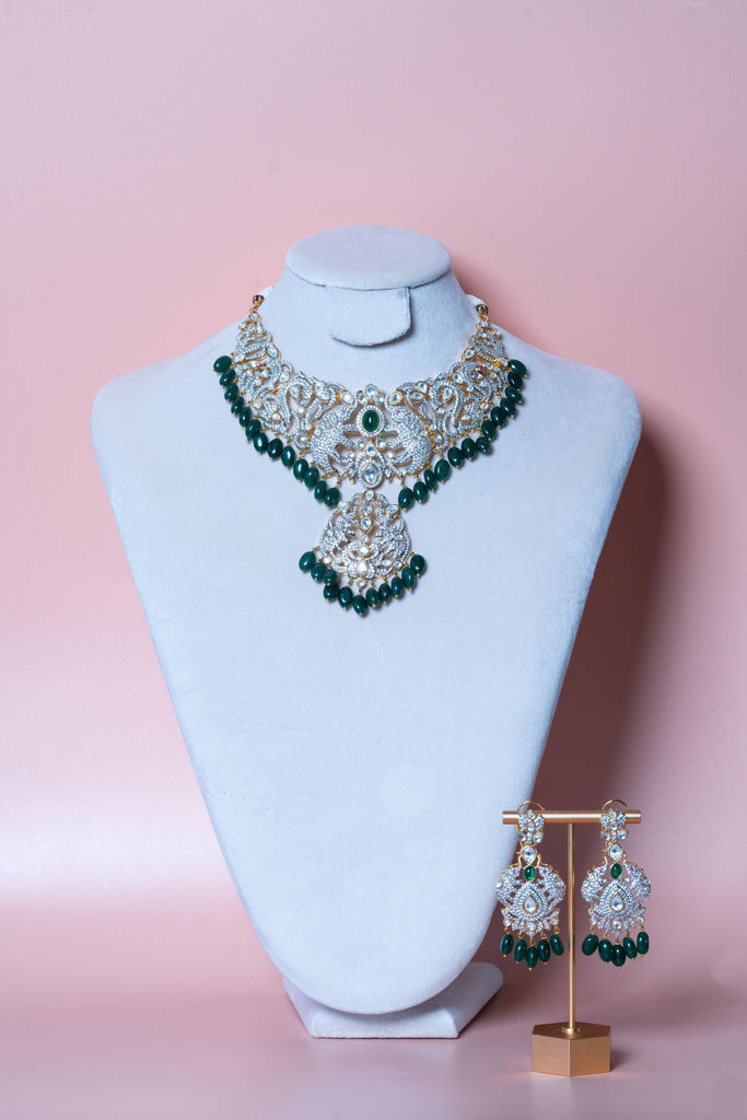 Roja Emerald Yellow Gold Necklace & Earring Set By Jaipur Rose Luxury Indian Jewelry Online - Jaipur Rose