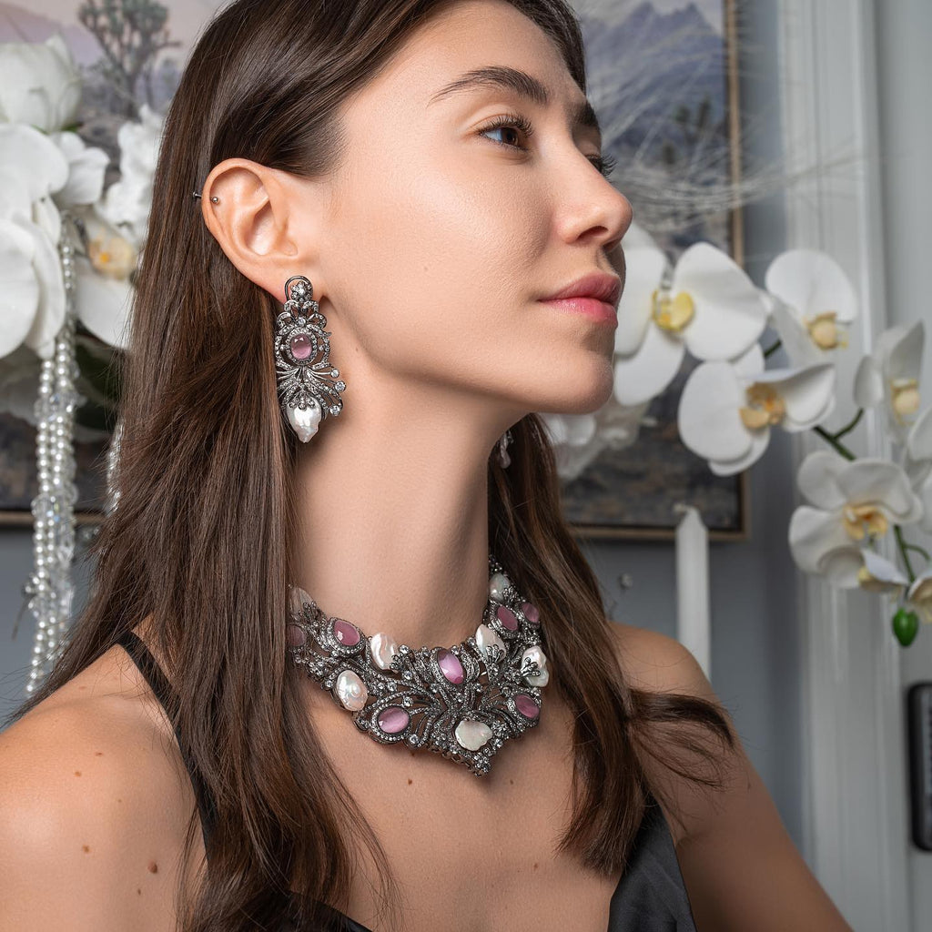 Tatiana White Gold Pink Baroque Pearl Necklace & Earring Set By Jaipur Rose Luxury Indian Jewelry Onli (Copy) - Jaipur Rose