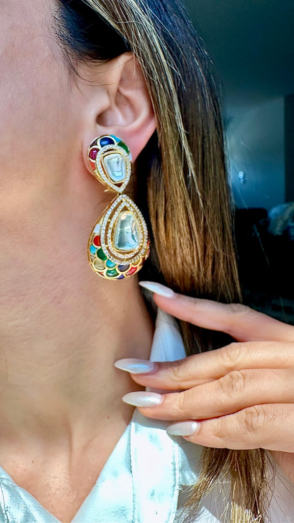 Samsara Multicolor Yellow Gold Statement Earrings Jaipur Rose Designer Indian Jewelry (Copy) - Jaipur Rose