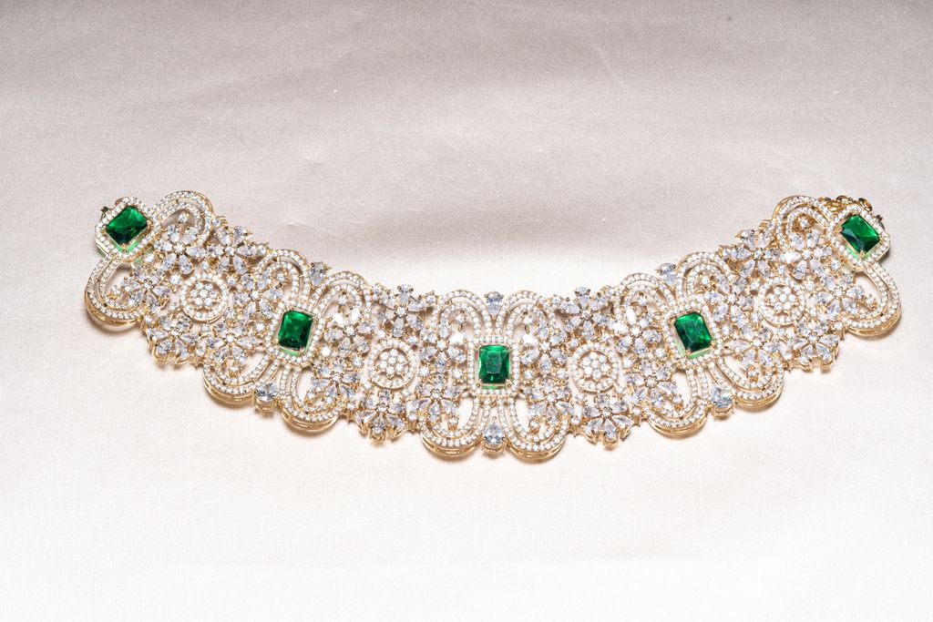 Cerise Yellow Gold and Green Emerald Choker and Jhumka Earring Set By Jaipur Rose Designer Modern Indian Jewelry - Jaipur Rose