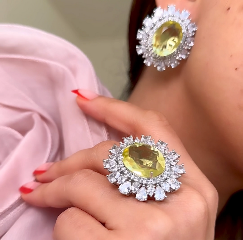 Nouf Citrine Yellow White Gold Statement Studs Indian Jewelry by Jaipur Rose - Jaipur Rose