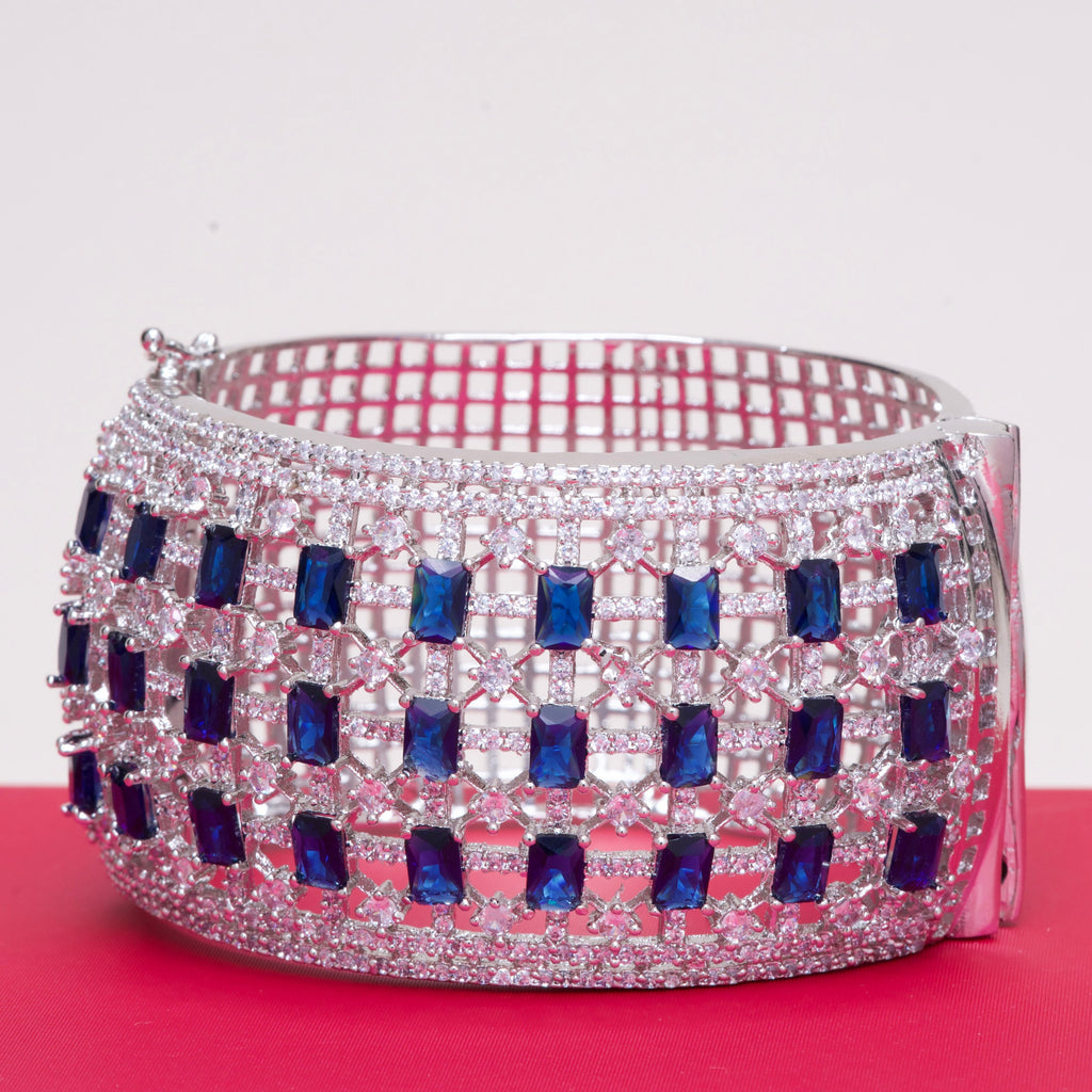 Nila Statement Cuff Bracelet White Gold Blue Sapphire By Jaipur Rose Designer Indian Jewelry - Jaipur Rose