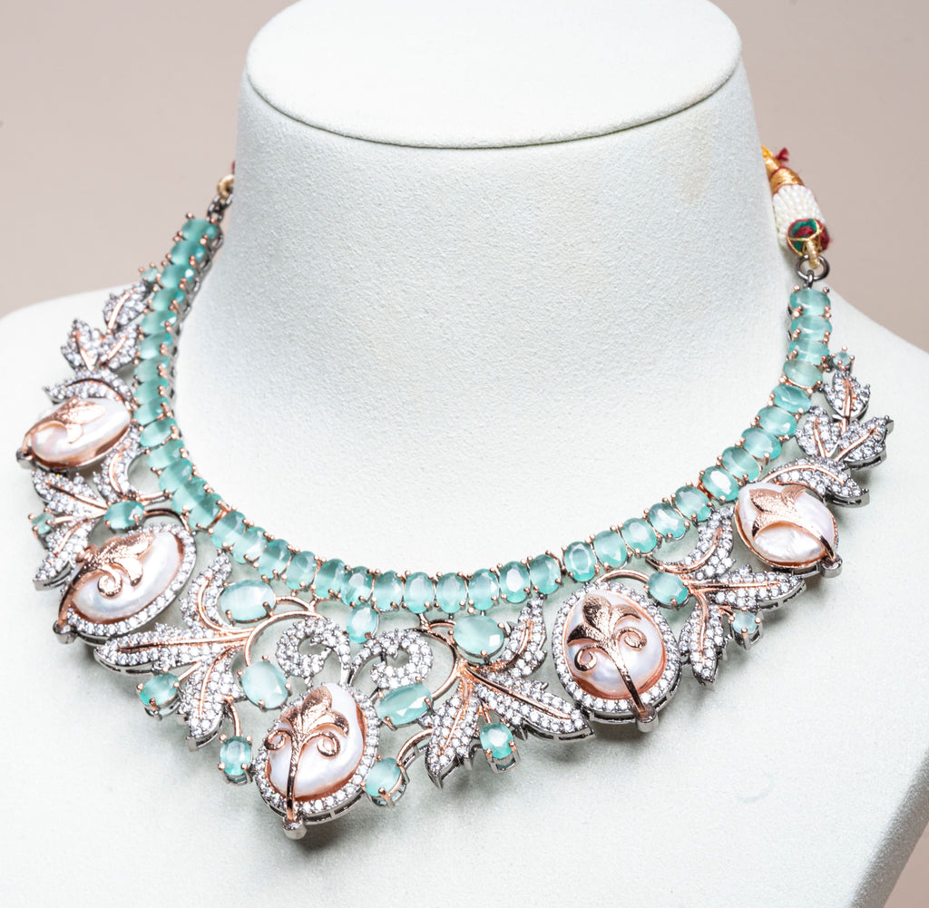 Anoushka Mint Mother of Pearl Necklace & Earring Set By Jaipur Rose Luxury Indian Jewelry Online - Jaipur Rose
