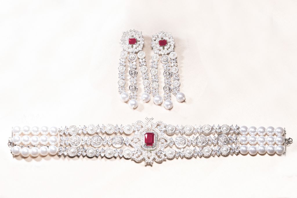 Dilara Choker Set - Ruby Red Jaipur Rose White Gold Plated Luxury Designer Indian Jewelry Online - Jaipur Rose