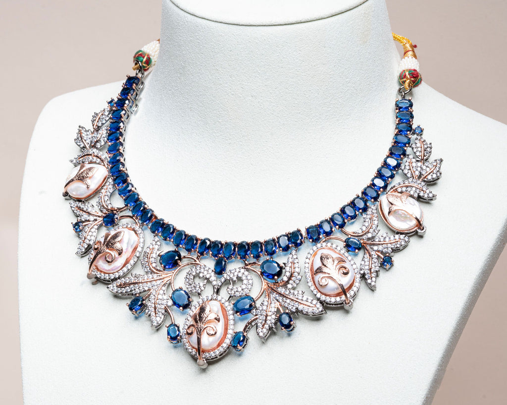 Anoushka Sapphire Blue Mother of Pearl Necklace & Earring Set By Jaipur Rose Luxury Indian Jewelry Online - Jaipur Rose