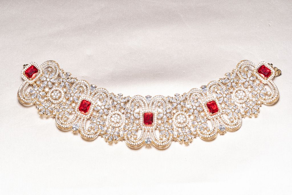 Cerise Yellow Gold Ruby Choker and Jhumka Earring Set By Jaipur Rose Designer Modern Indian Jewelry - Jaipur Rose