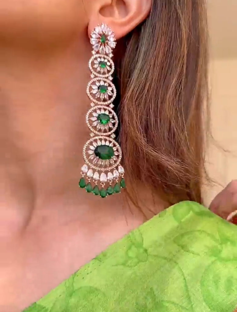 Gigi Emerald Green Long Statement Chandelier Earrings Rose Gold- Jaipur Rose Modern Luxury Designer Indian Jewelry - Jaipur Rose