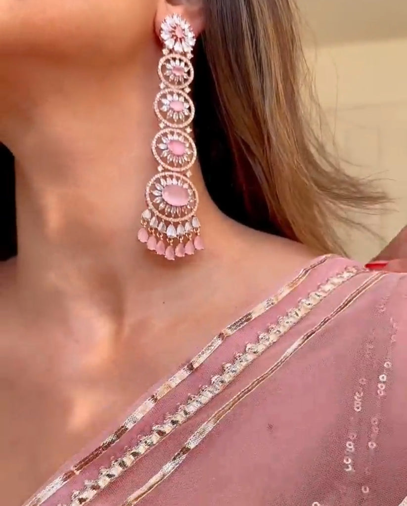 Gigi Long Statement Chandelier Earrings Pink Rose Gold- Jaipur Rose Modern Luxury Designer Indian Jewelry - Jaipur Rose
