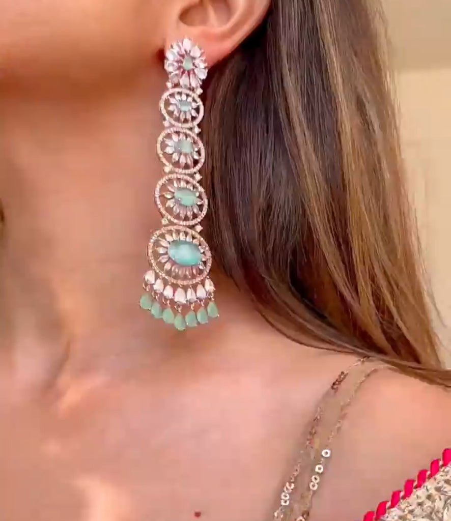 Gigi Mint Rose Gold Long Statement Chandelier Earrings Rose Gold- Jaipur Rose Modern Luxury Designer Indian Jewelry - Jaipur Rose